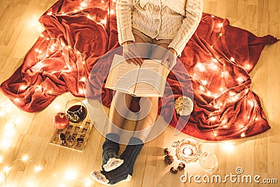 Home autumn cosiness and comfort concept, top view Stock Photo