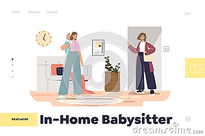 In-home babysitter concept of landing page with mother left kids with young nanny at home Vector Illustration