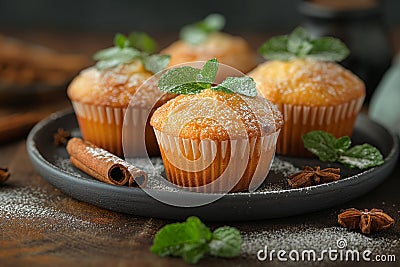 Home-baked muffins with cinnamon and mint on plat Stock Photo