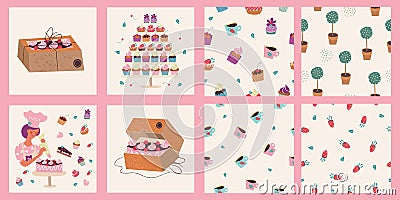 Home bakery. A female pastry chef decorates the cake with cream. Vector illustration. A set of seamless patterns Vector Illustration