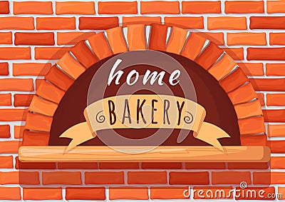 Home bakery oven. Brick stone firewood stove for baking bread, cooking italian pizza cheese on fire wood, creative logo Vector Illustration