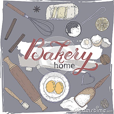 Home bakery set with rolling pin, beater, mold, strainer, flour, eggs, butter, lemon, spices. Color hand drawn sketch. Vector Illustration