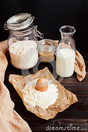 Home baking. Baking ingredients on the wooden table Stock Photo