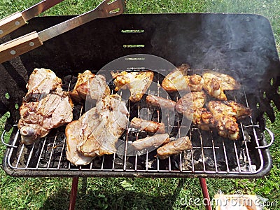 Home barbaque grill with grilled meat close up Stock Photo