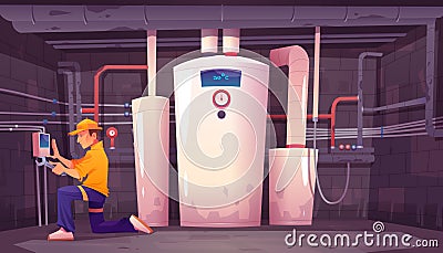 Home basement with plumber, boiler and pipes Vector Illustration