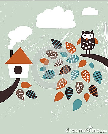 Home and bird Vector Illustration