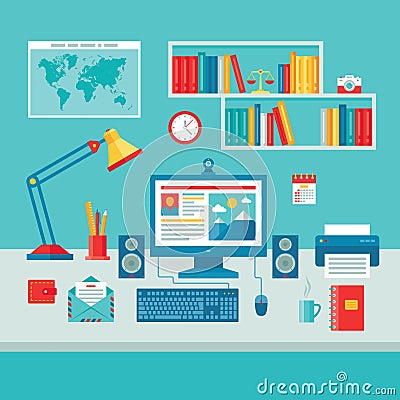 Home Business Office Workplace with Computer Monitor Vector Illustration