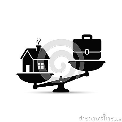 Home and business scales icon. Weight between work, money and your family. Career and family on the scales. Balance your life Vector Illustration