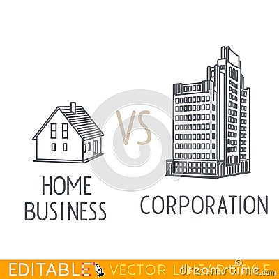 Home business vs Corporation. Buildings small company big corp. Commerce architecture. Editable graphic in linear style. Vector Illustration