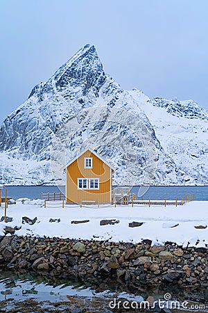 Home, cabin or house, Norwegian fishing village in Reine City, Lofoten islands, Nordland county, Norway, Europe. White snowy Stock Photo