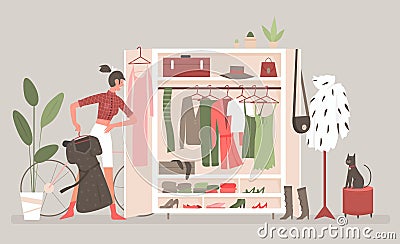 Home cabinet, wardrobe room for clothes with cartoon woman Vector Illustration