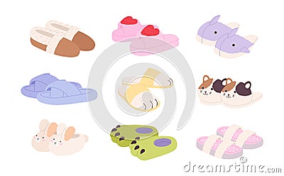 Home cartoon slippers for kids and adults. Fluffy slipper, winter footwear for house. Warm comfortable bedroom footwears Vector Illustration