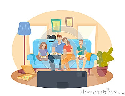 Home Cinema Concept. Happy Family Watching TV and Eating Pizza, Kids and Parents Characters Sitting on Couch in Weekend Vector Illustration