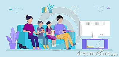 Home Cinema Concept. Parents And Children Sitting On The Sofa In Front Of The TV Screen. Family Watching Movie, Children Vector Illustration