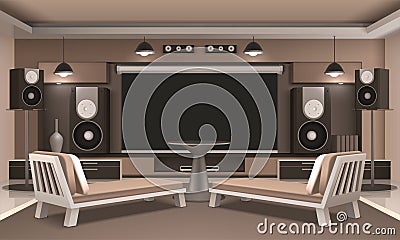 Home Cinema Interior With Round Table Vector Illustration