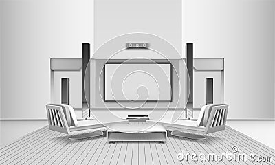 Home Cinema Interior In White Tones Vector Illustration