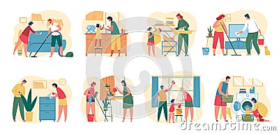 Home cleaning. Family with kids clean house together. People washing dishes, vacuuming floor, wiping window. Household Vector Illustration