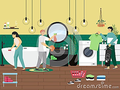 Home cleaning scene, flat vector illustration. People cleaning bathroom, washing clothes. Housekeeping, laundry services Vector Illustration