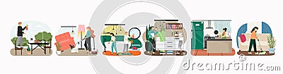 Home cleaning scene set, flat vector illustration. Housekeeping and dishwashing services. Daily housework routine. Vector Illustration