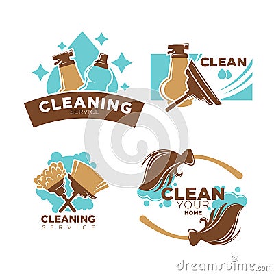 Home cleaning service vector icons set brooms, duster brush and detergent Vector Illustration