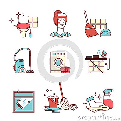 Home cleaning, washing and tidying signs set Vector Illustration