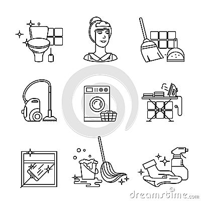 Home cleaning, washing and tidying signs set Vector Illustration
