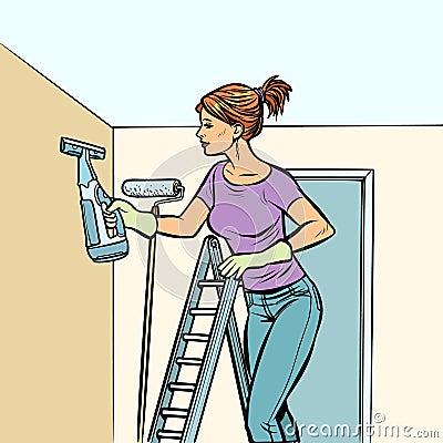 Home cleaning, woman and spray of water Vector Illustration