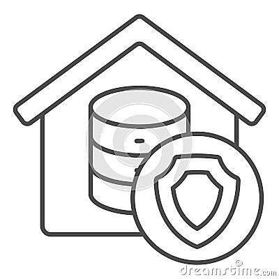 Home cloud storage thin line icon, data protection concept. Vector graphics. Safety emblem with house, disks array sign Vector Illustration