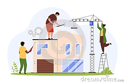 Home construction and renovation, engineers and workers construct small city building Vector Illustration