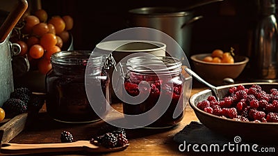 Home cook preparing a batch of fresh, homemade jam, using ripe, seasonal fruit, sugar, and a bubbling, simmering pot on the stove Stock Photo