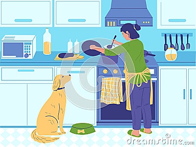 Home cook. Woman cooking breakfast or dinner for family. Female in kitchen with dog, cuisine furniture and electronics Vector Illustration