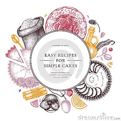 Home cooking process background. Hand drawn baking cakes, pies, dough, kitchen stuff, ingredients design.Hand drawn home-cooked Vector Illustration