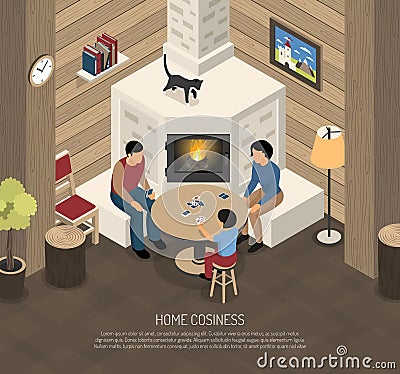 Home cosiness composition with family during playing cards near fire place isometric vector illustration Vector Illustration