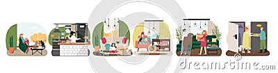 Home cosiness set. Cozy kitchen, living room, comfortable furniture, blanket, online shopping, pizza delivery, vector. Vector Illustration