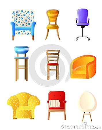 Home furniture flat set with chairs, armchairs, stools items Vector Illustration