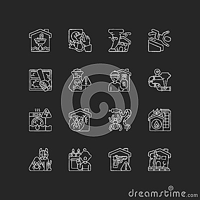 Home damage chalk white icons set on black background Vector Illustration