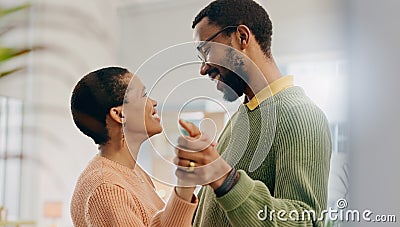Home, dancing and black couple with love, marriage and romance with lens flare, smile and care. Romantic, man and woman Stock Photo