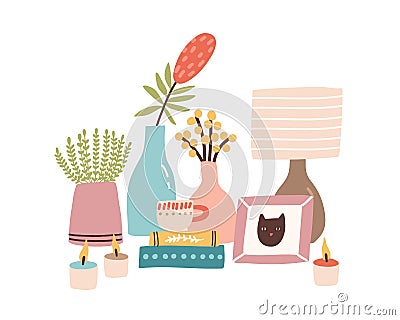 Home decor accessories on dressing bedside table. Modern girl items, stuff. Burning candle, cat photo portrait Vector Illustration