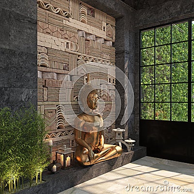 Home decor with a gold statue of Buddha against a black wall with an ethnic pattern of stones. The composition of a set of decorat Stock Photo