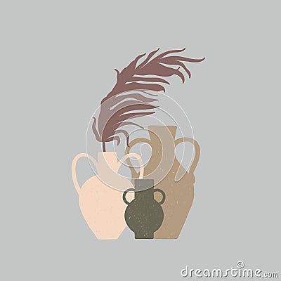 Home decor illustration. Composition with vases and palm leaf Vector Illustration