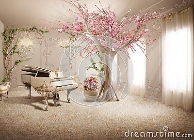 3d wallpaper classic pink tree and piano inside the room Stock Photo