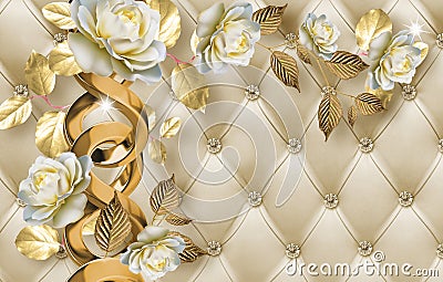 3d wallpaper white jewelry flowers with golden branches on leather background Stock Photo