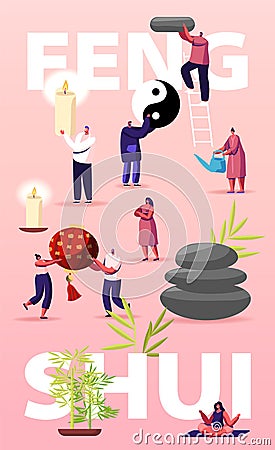 Home Decor Oriental Philosophy Concept. Feng Shui Consultant Characters Rearrange Space for Positive Energy Flow Vector Illustration