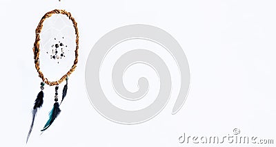 unique mystical dream catcher made of willow vines, white threads, beads. Banner Stock Photo
