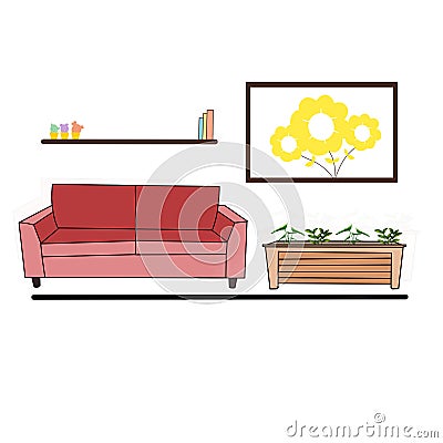 Home decor, sofa, flower pot, picture frame and bookshelf Stock Photo