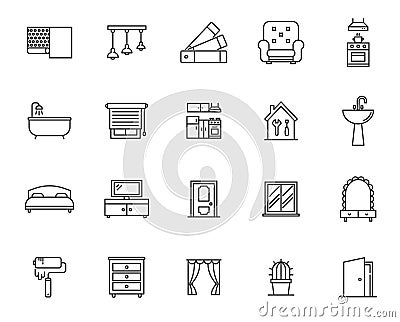 Home decor window interior design line set carpet. Floor house door kitchen wallpaper furniture paint interior design Vector Illustration