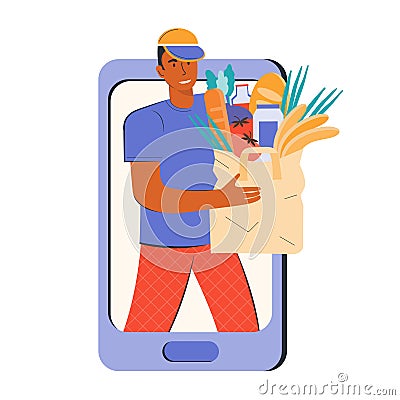 Home delivery and online ordering of products and food. Buy via the mobile app and online store. Man courier or volunteer delivers Cartoon Illustration