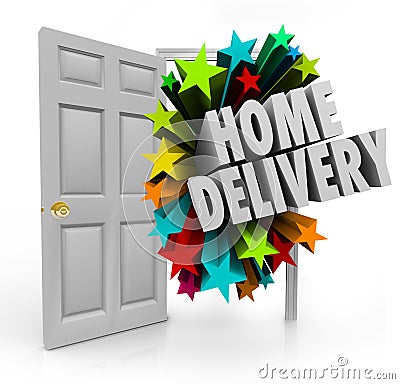 Home Delivery Open Door Package Shipment Arrival Special Service Stock Photo