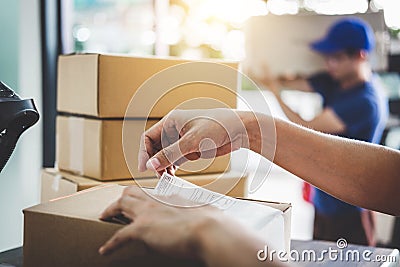 Home delivery service and working service mind, Woman working ba Stock Photo