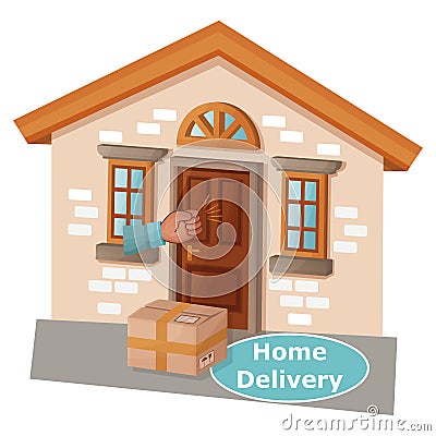 Home delivery to door service. Online order. Parcel box on house doorstep, hand knock. E-commerce. Vector for website, mobile app Vector Illustration